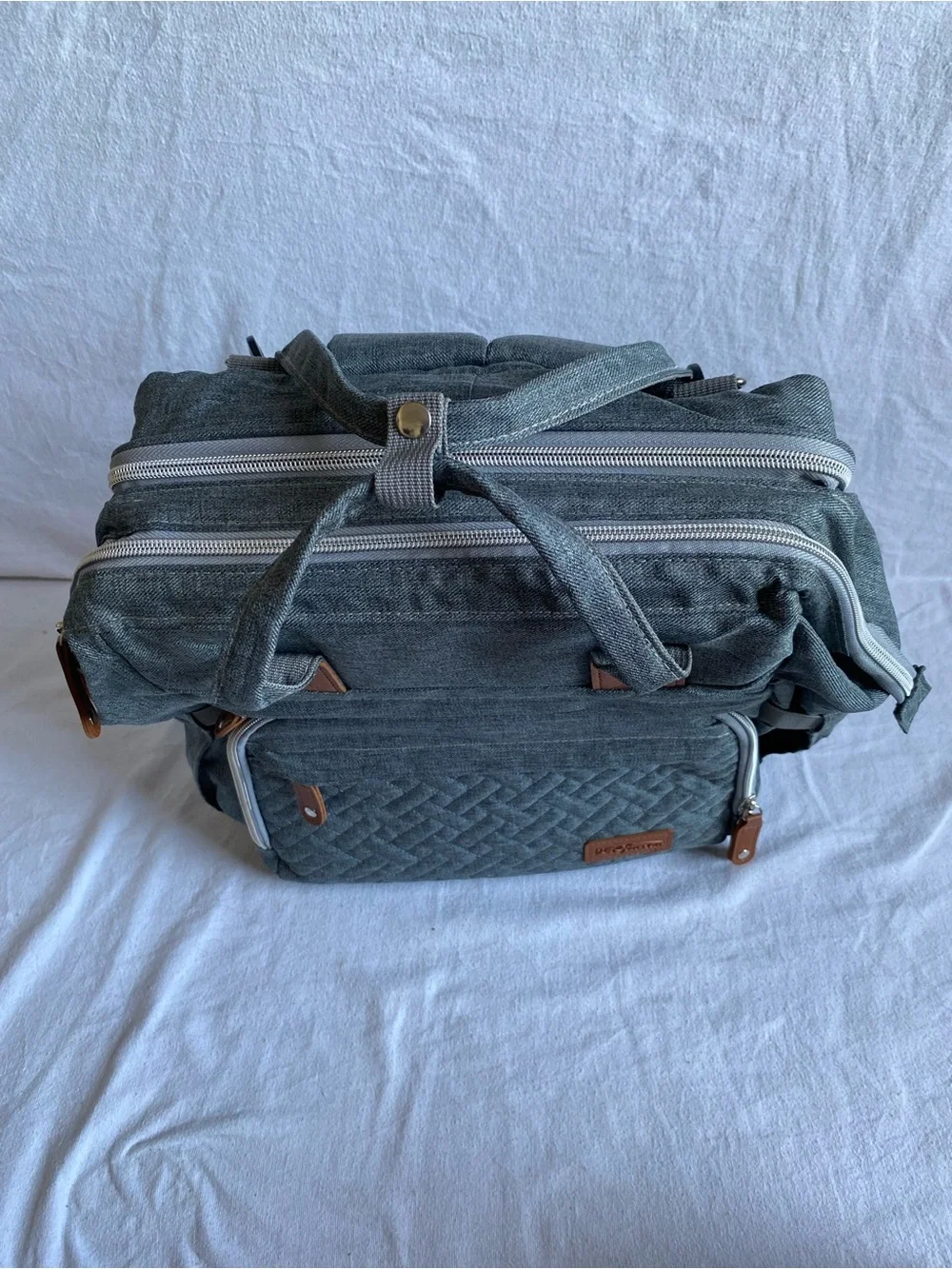 Derjunstar Gray Quilted Baby Backpack Diaper Bag with Accessories Portable